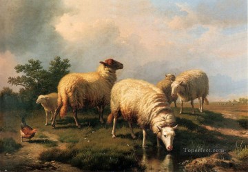 ユージン・ヨーゼフ・フェルベックホーフェン Painting - 風景の中の羊と鶏 ユージン・フェルベックホーフェン 動物